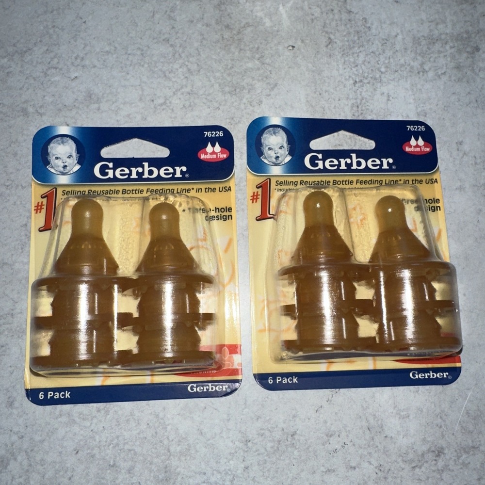2 Pack Of 6 Gerber Bottle Three Hole Design Nipples Latex Medium Flow Head Up 4m
